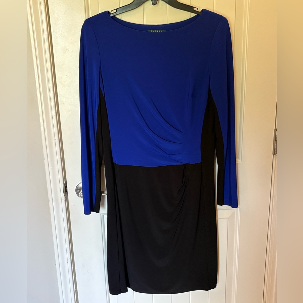 Ralph Lauren Blue and Black Sheath Dress Long Sleeve Colorblock Classy